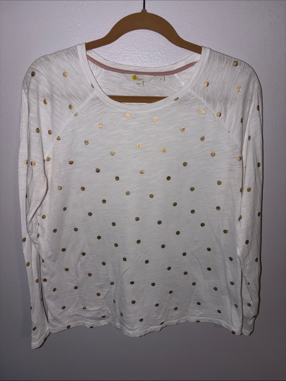 Boden White Long-Sleeve Tee with Gold Polka Dots, sz M